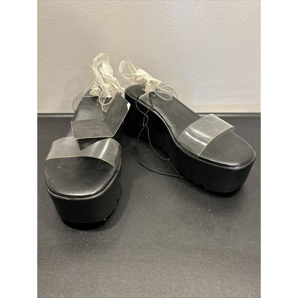 FOREVER 21 CLEAR TOP AND ANKLE STRAP BLACK WEDGE SANDALS 6 NWT Platform - Picture 1 of 12